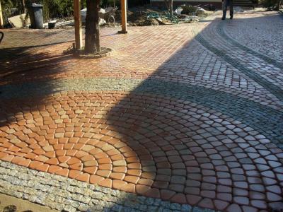 Ułożona nawierzchnia z kostki brukowej w odcieniach czerwieni i szarości, z elementami ułożonymi w okrąg wokół drzewa, częściowo zacieniona.